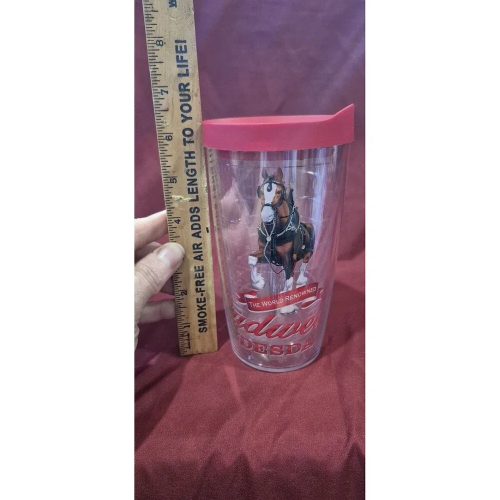 VTG Tervis Tumbler Budweiser Clydesdales 16oz Travel Cup Mug Red Lid Beer EUC